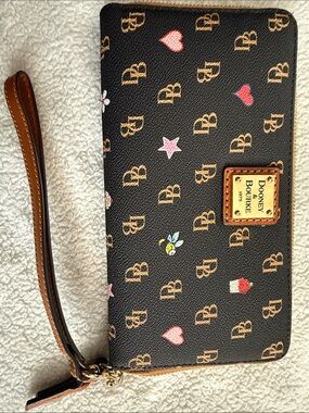 Dooney & Bourke Black Coated Canvas Wristlet with Tan Logo and Multicolor Icons
